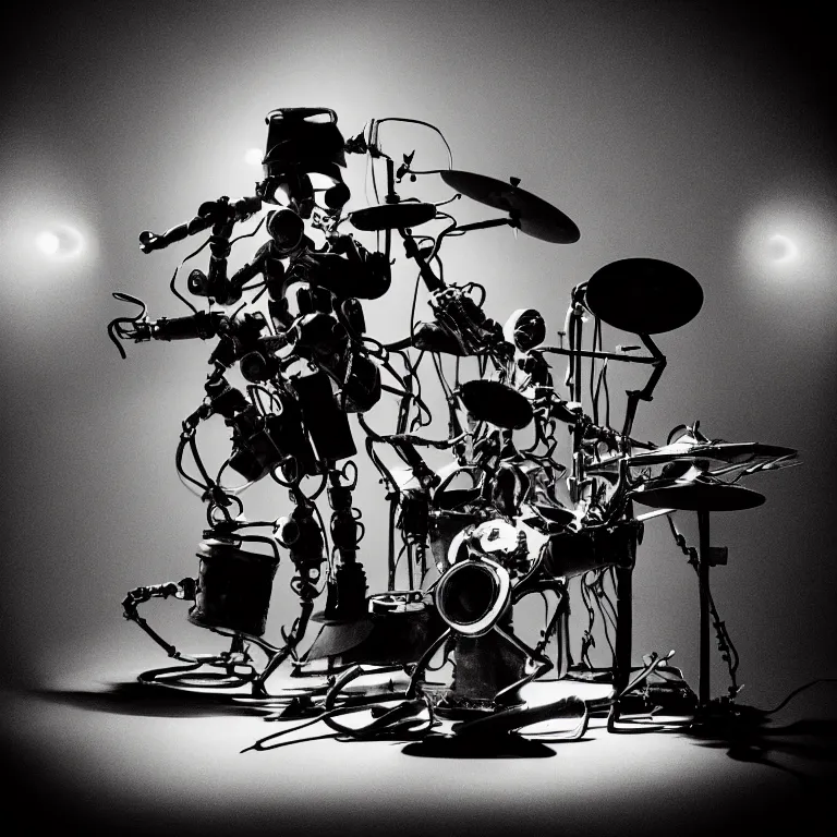 Image similar to a beautiful electronic concert photo shot of a couple of threea toys figurines by ashley wood, world war one robot octopus playing drums and fender telecaster guitar, black background, concert light, dark mood