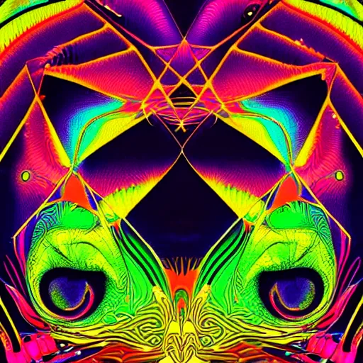Prompt: existential kitten opart portrait with surreal trippy fractal background by victor moscoso and miyazaki and pascal blanche and amanda sage and harry clarke, highly saturated pink orange green and yellow, ultra wide angle lens distortion extreme perspective, 8 k, artstation