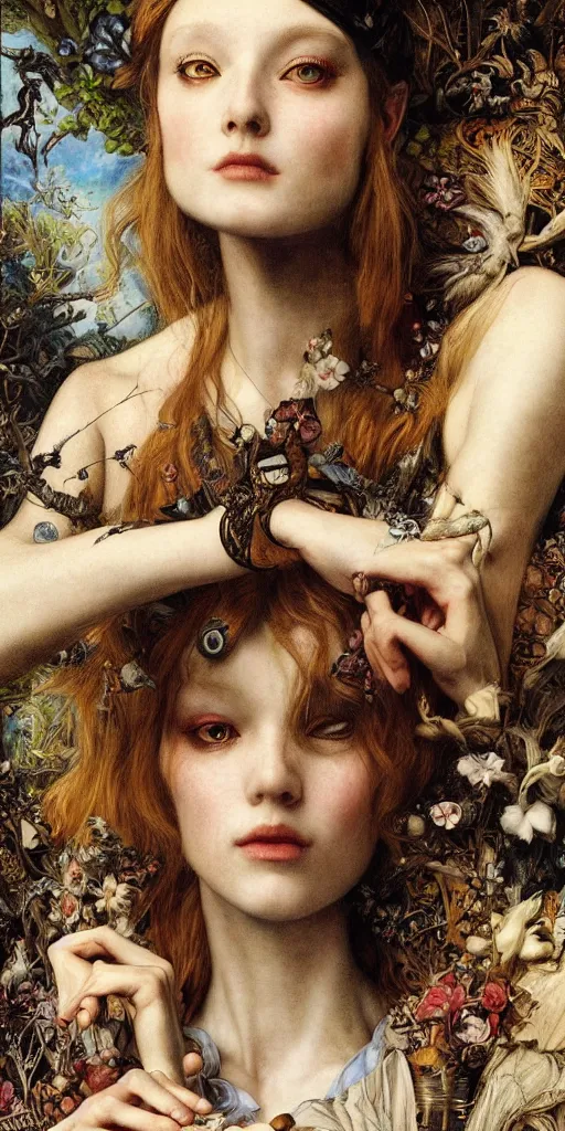 Image similar to masterpiece alice in wonderland, masterpiece by Edgar Maxence and Ross Tran and Michael Whelan and Caravaggio artistic, intricate drawing, realistic fantasy, extremely detailed and beautiful aesthetic celtic face, establishing shot, 8k resolution, dramatic lighting,