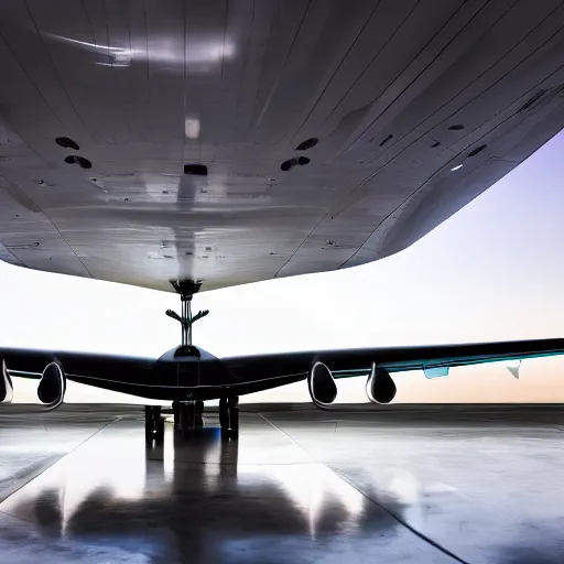 Image similar to an airplane designed by boeing and zaha hadid, dramatic lighting, sunrise, bokeh