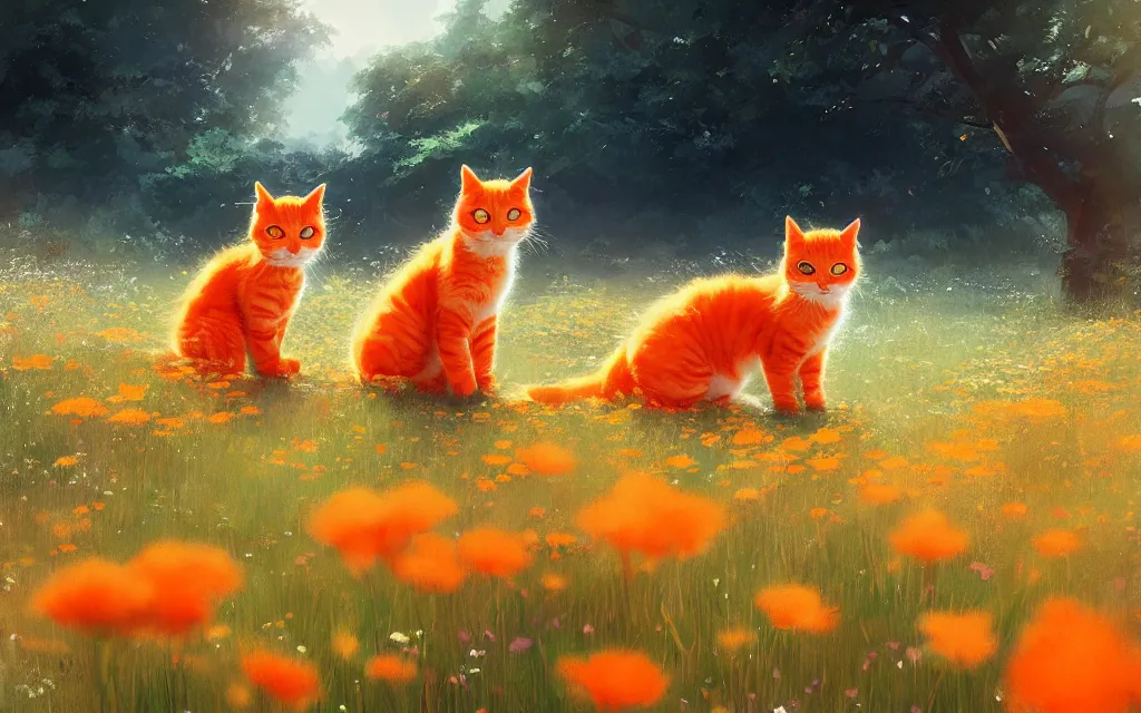 Prompt: cute orange cats in a field of flowers, digital illustration, by makoto shinkai and ruan jia