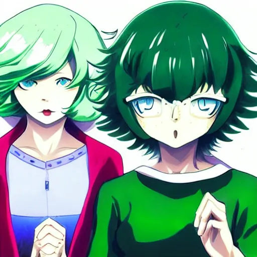 Prompt: fubuki and tatsumaki, esper sisters from One Punch Man, green hair, trending on pixiv, anime