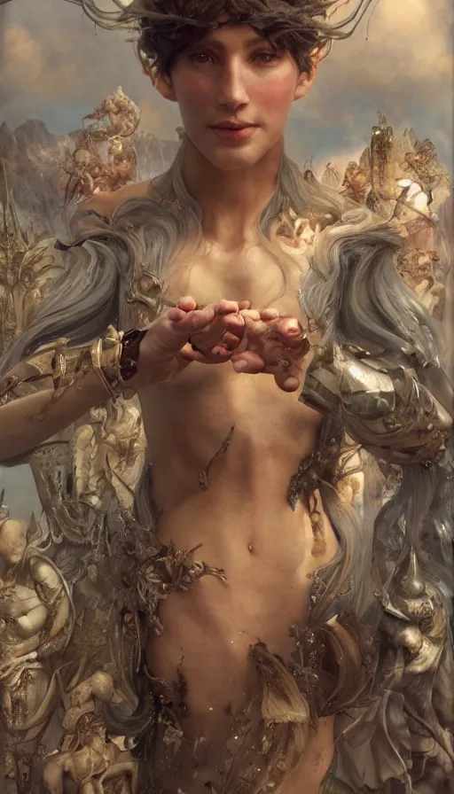 Image similar to epic masterpiece carnivale, sweaty skin, hyperrealistic, octane render, cinematic, beautiful face and flawless skin, perfect hands, 5 fingers, by Edgar Maxence and Ross Tran and Michael Whelan, Legends of Runeterra