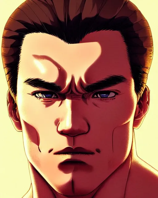 Image similar to portrait Anime as arnold schwarzenegger guy cute-fine-face, brown-red-hair pretty face, realistic shaded Perfect face, fine details. Anime. realistic shaded lighting by Ilya Kuvshinov katsuhiro otomo ghost-in-the-shell, magali villeneuve, artgerm, rutkowski, WLOP Jeremy Lipkin and Giuseppe Dangelico Pino and Michael Garmash and Rob Rey