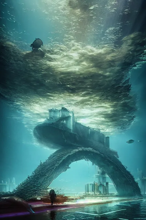 Image similar to hyperrealistic sharp cinematic underwater dystopian futurist city ruins with giant bioluminescent multicolored mutant fish and cyborg jellyfish, digital art masterpiece, aykut aydogdu eric zener, very dramatic volumetric light, long shot, ground angle uhd 8 k, deep focus