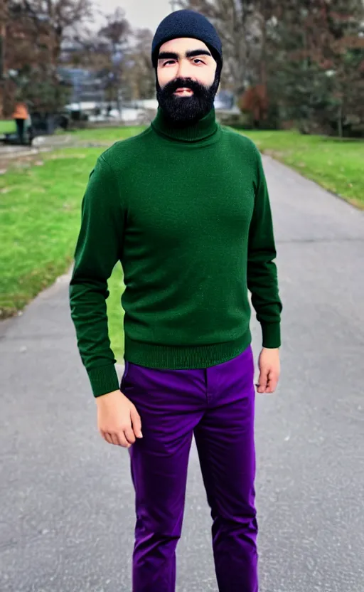 Prompt: a young man with a chin - style dark brown beard without mustache in a dark black cap, green turtleneck, purple pants and white sneakers in full height, beautiful face