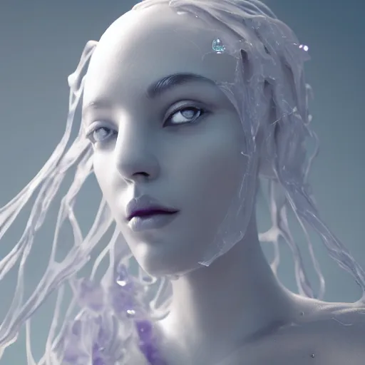 Image similar to abstract female sculpture made of white marble and amethyst crystals quartz, ethereal lights, fine details, artstation. com, film still, cinematic, super model photo shooting, luxury, strong wind blowing, dark mood, sad, cold colors, golden filigree, octane render, lens flare