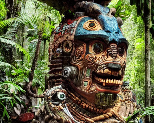 Image similar to mayan jaguar warrior exploring an alien jungle las pozas, 1 9 6 0's sci - fi, lofi technology, deep aesthetic colors, 8 k, highly ornate intricate details, extreme detail,