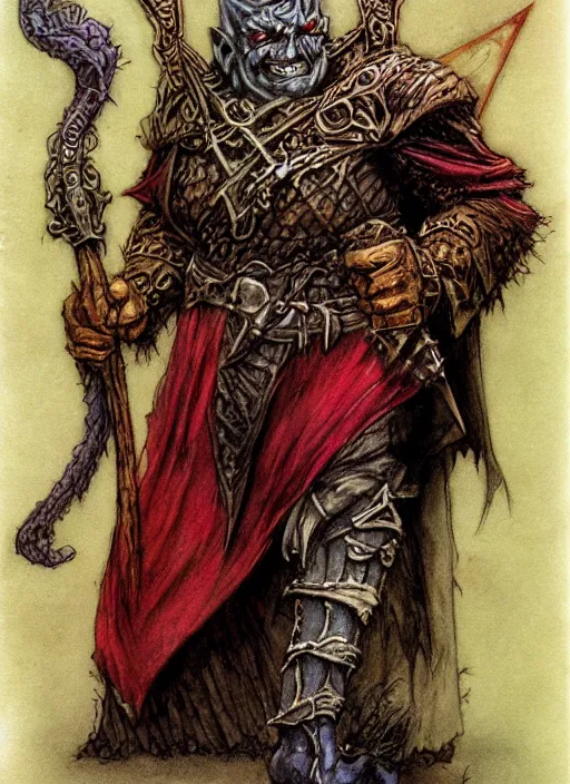 Prompt: full body of a orc sorcerer, beautiful! coherent! dungeons and dragons character, by brian froud, larry elmore, gerald brom, ralph horsley, wayne reynolds, strong line, deep color, chainmail, short red hair, high contrast