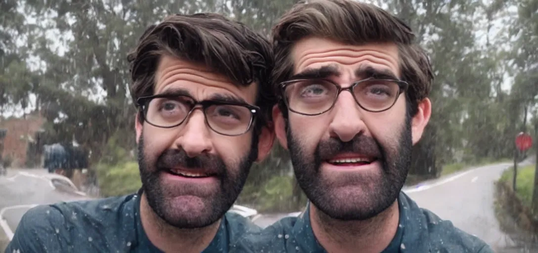 Image similar to rhett and link crying in the middle of the road while its raining