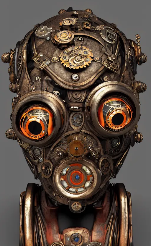 Image similar to steampunk tribal mask, robot, frog, japanese pottery, vivid colors, wood, metal, intricate details, trending on cgsociety, concept art, glowing eyes, sharp focus, ultra realistic details, cinematic atmosphere, global illumination, shadows, octane render, 8 k