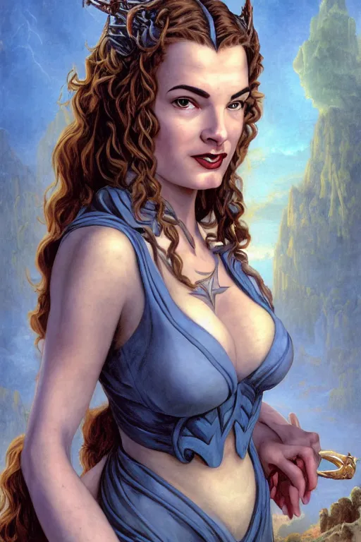 Image similar to A fantasy comic book style portrait painting of Ella Raines, Anya Cory Chase, hybrid, as an Atlantean Reptilian Warrior, François Boucher, Oil Painting, Mystical Valkyrie, unreal 5, DAZ, hyperrealistic, octane render, Regal, Refined, Detailed Digital Art, RPG portrait, William-Adolphe Bouguereau, Walt Disney (1937), Michael Cheval, Steampunk, dynamic lighting, Highly Detailed, Cinematic Lighting, Unreal Engine, 8k, HD