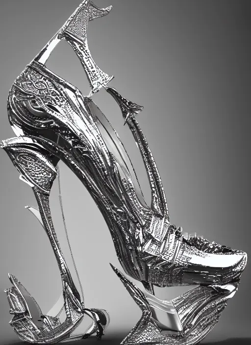 Prompt: beautiful ultra detailed photo of a dragon high heel made out of chrome metal material, artstation