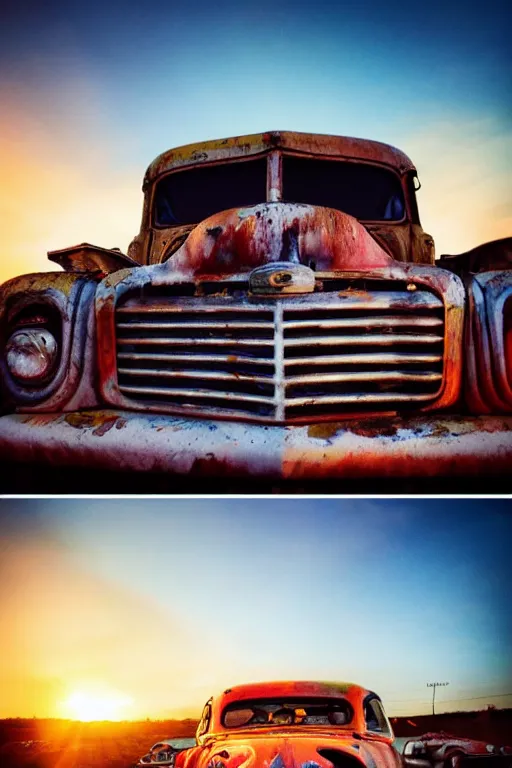 Image similar to a sunset light landscape with historical route 6 6, lots of sparkling details and sun ray ’ s, blinding backlight, smoke, volumetric lighting, colorful, octane, 3 5 mm, abandoned gas station, old rusty pickup - truck, beautiful epic colored reflections, very colorful heavenly, softlight