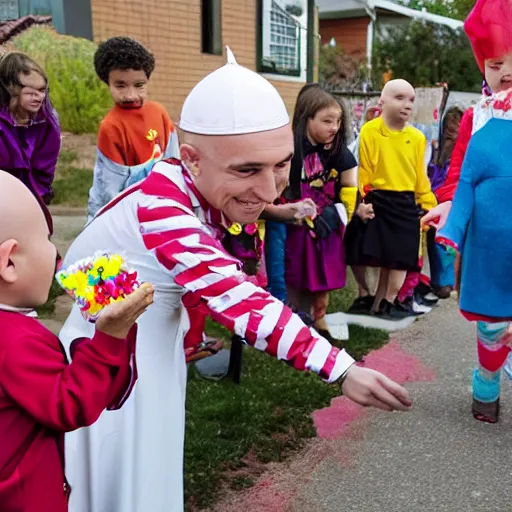 Prompt: The bald pope giving candy to children in a kindergarden