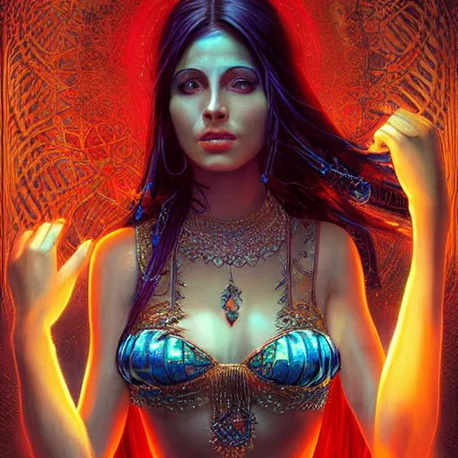 Image similar to photo of a beautiful female bellydancer, sharp focus, illustration, ultra real, masterpiece, glowing holy aura by magali villeneuve and stanley artgerm lau, wlop in the style of 1 3 ghosts