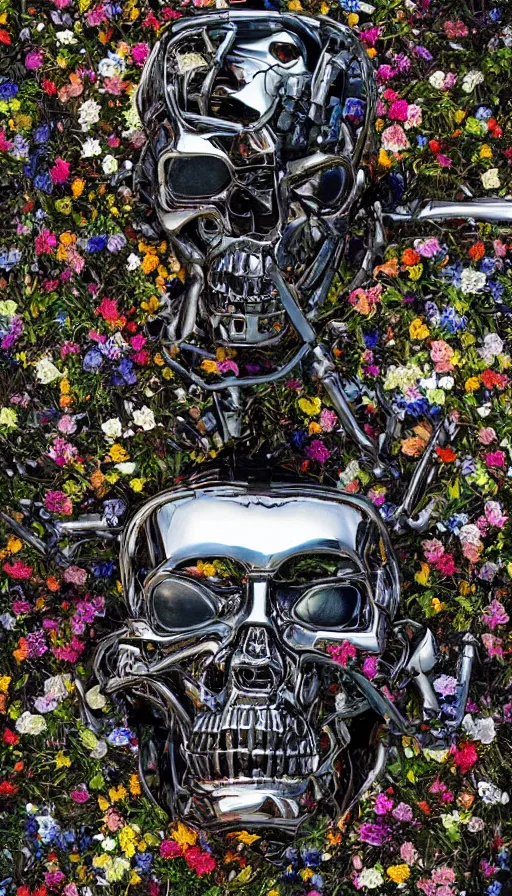 Image similar to destroyed terminator lying in a field of flowers, twisted metal, chrome, reflections, anthropomorphic, photorealism, smoke, metal, 8 k, surreal, wires, smooth, sharp focus, top view, extremely detailed, hyperrealism, elegant, establishing shot, by jeff koons, artgerm and greg rutkowski