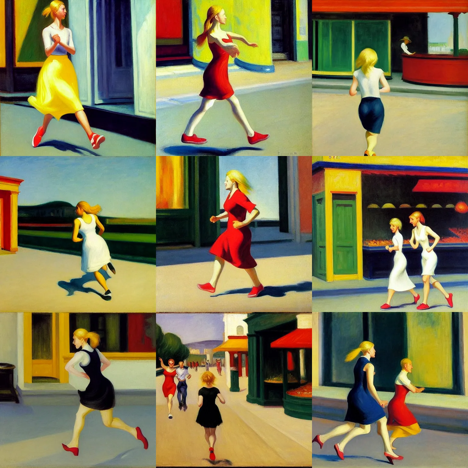 Prompt: israeli salsa vendor, blond girl with different colored shoes running, oil on canvas by edward hopper