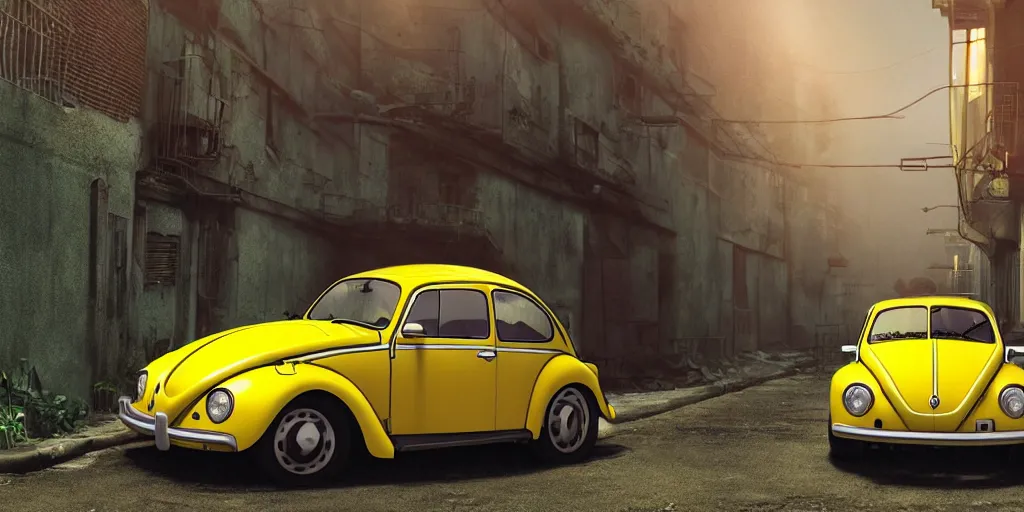 Prompt: a wholesome animation key shot of a focused old yellow beetle Volkswagen car parked in an abandoned alleyway, medium shot, waist up, studio Ghibli, Pixar and Disney animation, sharp, very detailed, high resolution, Rendered in Unreal Engine 5, anime key art by Greg Rutkowski, Bloom, dramatic lighting