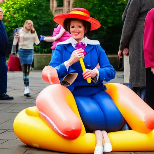 Prompt: Mary Poppins sitting on an inflatable hotdog outside Coventry cathedral