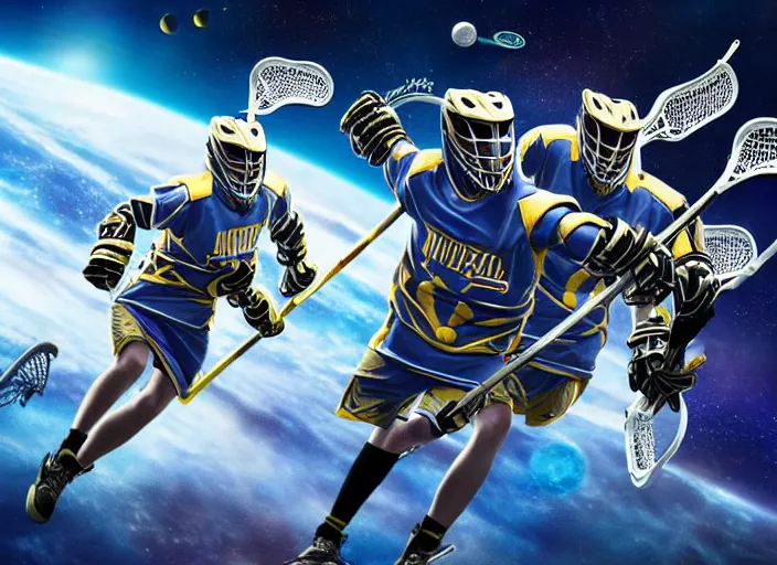 Image similar to lacrosse team chitauri, playing intergalactic championship, in space, highly detailed, 8k, intricate, award winning.