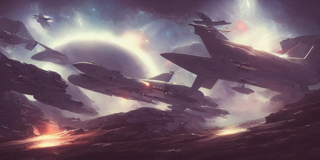 Image similar to fighter jets attacking alien spaceship, full frame, digital art illustrated by greg rutkowski and moebius and loish and artgerm, painterly, illustration, backlit, rendering, highly detailed 8 k, intricate, lifelike, soft light, concept art, cinematic lighting, intricate details, octane rendering, trending on artstation, featured on behance masterpiece