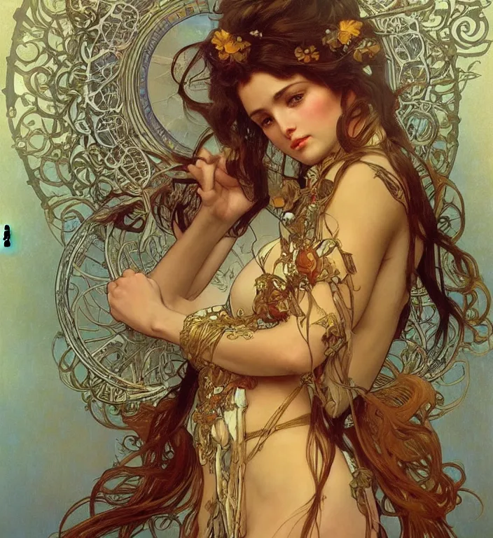 Prompt: unreal engine render + a goddess, smooth, coherent, high detailed, by Karol Bak outlines by Alphonse Mucha, featured on artstation, instagram HD, unreal engine