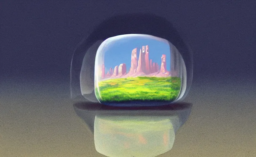 Image similar to hyperrealist painting of a cube inside a giant transparent bubble from howl's moving castle ( 2 0 0 4 ) in a flooded monument valley stonehenge jungle. 1 9 7 0 s science fiction, moody, misty, depth perception, 4 k, artstation, in the style of studio ghibli