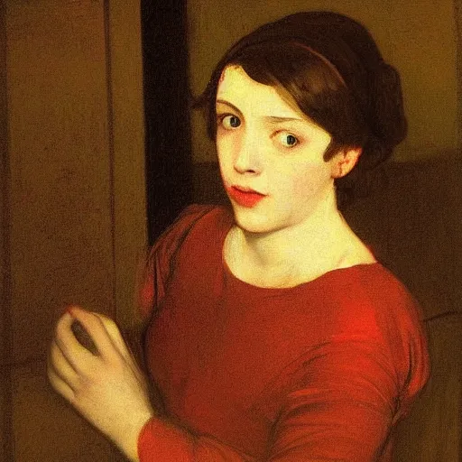 Image similar to an elegant girl in a liminal abandoned room, red and gold, old polaroid by goya, by caravaggio, digital painting, jugendstil, art noveau, strong lights, flat colors, pastel colors,