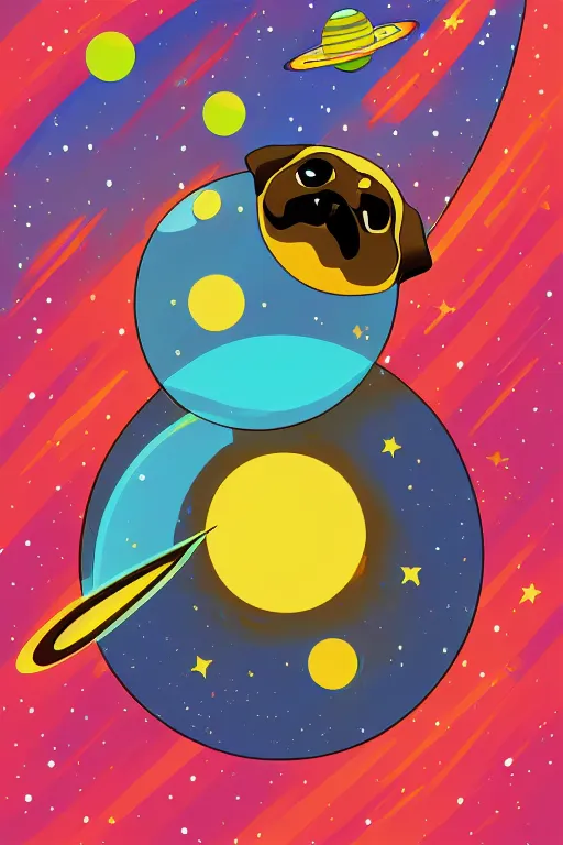 Image similar to planet pug floating in space, art by iktor miller gausa, sticker, colorful, illustration, highly detailed, simple, smooth and clean vector curves, no jagged lines, vector art, smooth