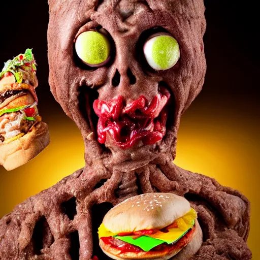 Image similar to a humanoid bipedal upright zombie that strongly resembles a hamburger, professional food photography