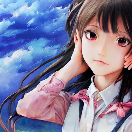 Image similar to dynamic composition, motion, ultra-detailed, incredibly detailed, a lot of details, amazing fine details and brush strokes, gentle palette, smooth, HD semirealistic anime CG concept art digital painting, watercolor oil painting of a young J-Pop idol schoolgirl, by a Japanese artist at ArtStation. Realistic artwork of a Japanese videogame, soft and harmonic colors.