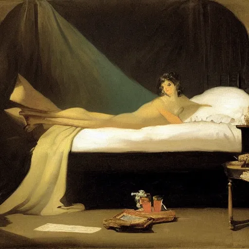 Image similar to Francisco Goya painting of Liv Sage lounging in her bedroom, candlelit, dramatic