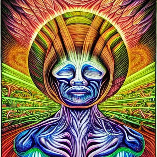 Image similar to mushroom god by Alex Grey