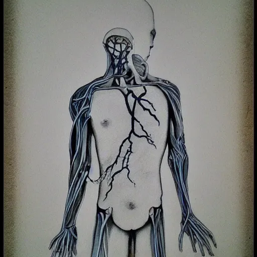 Prompt: ghosts, anatomical, veins, wires, mist, ink, oil spray