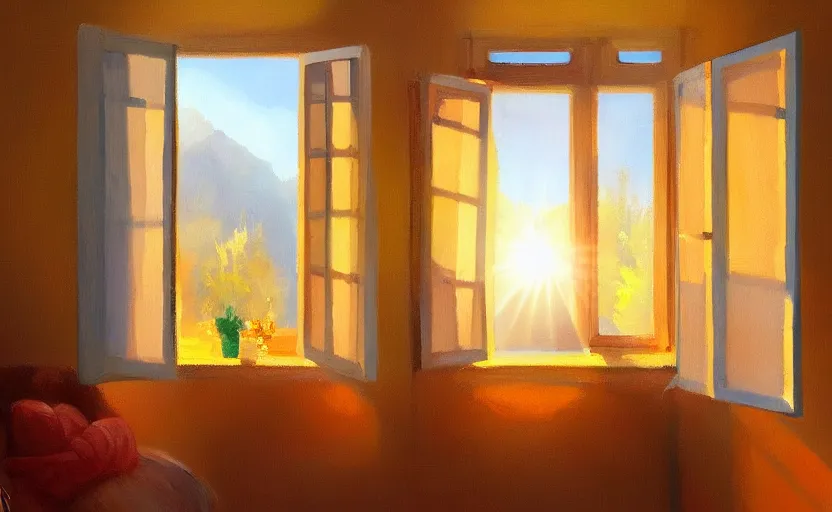 Image similar to happy morning and the rays of the morning sun shining through the window of the village house clear sky, warm colors, happy mood, oil painting, high detail, trending on artstation
