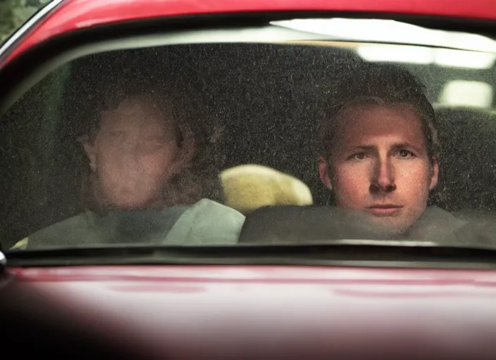 Image similar to A very high resolution image from a new movie, inside of a car, raining, hot, directed by wes anderson