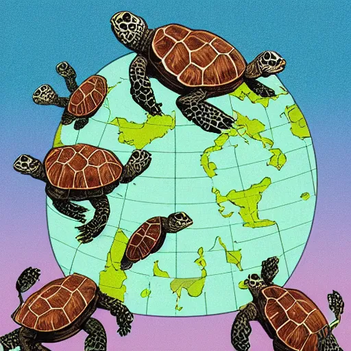 Image similar to a stack of turtles beneath a flat earth, round map, turtle pile