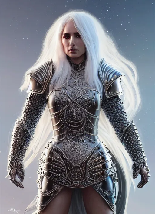 Image similar to opal leather armor!!! long wild white hair!! covered chest!!! fantasy, d & d, intricate ornate details, symmetry, concept art, sharp focus, illustration, art by artgerm! greg rutkowski magali villeneuve wlop! ilya kuvshinov!!, octane render, unreal engine 5, highly rendered!!