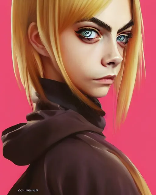 Image similar to portrait of Cara Delevingne as Anime girl cute-fine-face, full body! pretty face, realistic shaded Perfect face, fine details. Anime. realistic shaded lighting by Ilya Kuvshinov Giuseppe Dangelico Pino and Michael Garmash and Rob Rey