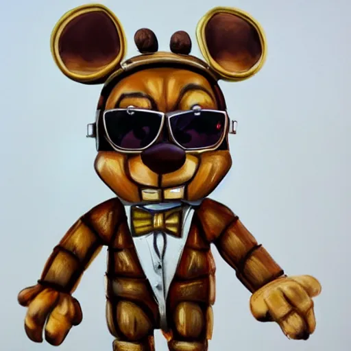 Image similar to a very detailed, 4 k, painting of freddy fazbear wearing shades and a gold chain