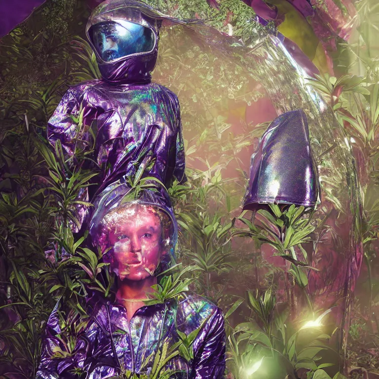 Prompt: octane render portrait by wayne barlow and carlo crivelli and glenn fabry, subject is a woman covered in tie - dye exoticic flamboyant aluminum foil space suit with a iridescent metallic space helmet, surrounded by alien plants, cinema 4 d, ray traced lighting, very short depth of field, bokeh