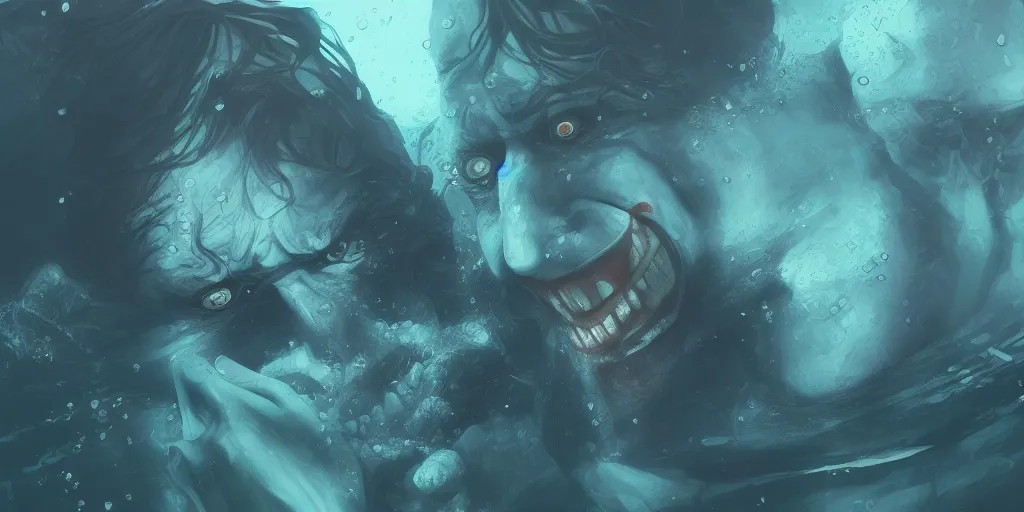 Prompt: The Joker is underwater, drowning, hyperdetailed, artstation, cgsociety, 8k