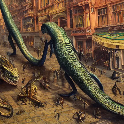 Prompt: reptilian beast walks through the center of a city, extremely detailed oil painting, 1 9 2 0's colored pencil, highly detailed, highly accurate, deep aesthetic, 8 k, highly ornate intricate details, cinematic lighting, rich colors, beautiful scenic view, ray tracing, hyperrealistic, photorealistic, cinematic landscape, trending on artstation, concept art,