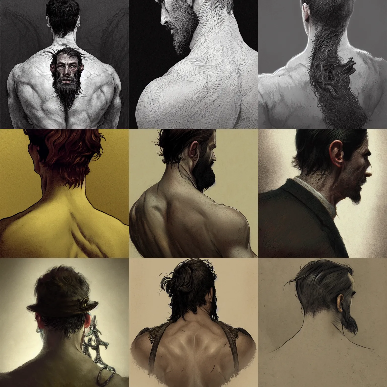Prompt: back portrait of a rugged detective, upper body, 1920 style lovecraft, hairy, D&D, fantasy, intricate, elegant, highly detailed, digital painting, artstation, concept art, matte, sharp focus, illustration, art by Artgerm and Greg Rutkowski and Alphonse Mucha