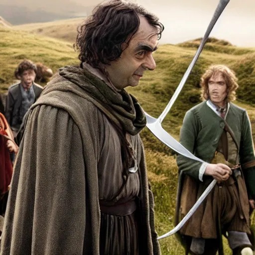 Prompt: Mr Bean as one of the members of the fellowship of the ring with hobbits, elves, and humans in armor, movie still, 4k