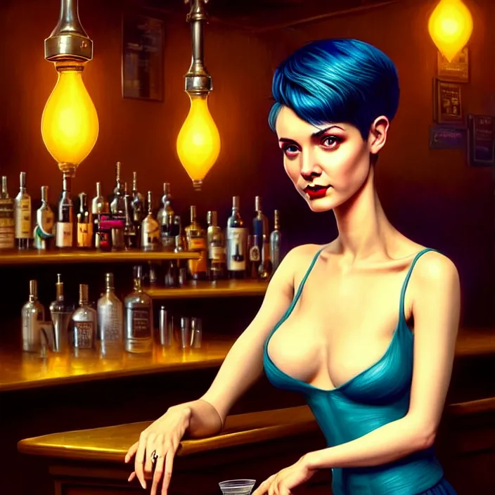 Prompt: a young sophisticated beautiful barmaid, dimly lit dive bar, hip modern vibe, relaxed pose, sitting at the bar, pixie cut with shaved side hair, wild, highly detailed, digital painting, artstation, sharp focus, illustration, detailed painterly digital art style by Joe Fenton + perfect facial symmetry + dim volumetric lighting, vibrant deep colors, 🍸, 8k octane beautifully detailed render, post-processing, extremely hyperdetailed, epic composition, grim yet sparkling atmosphere, cinematic lighting + masterpiece, Art Nouveau, unreal engine, hyperrealistic