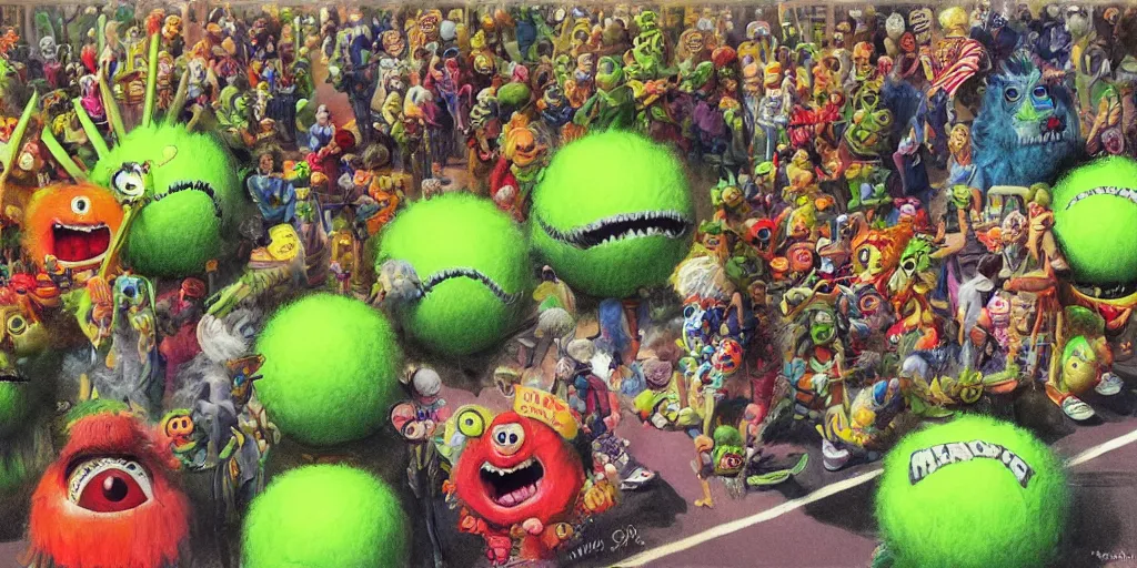 Image similar to tennis ball monsters, parade, theme park, digital art, fantasy, magic, chalk, chalked, trending on artstation, ultra detailed, detailed, fine details, professional illustration by basil gogos