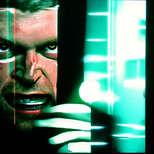 Prompt: a vhs still portrait of aphex twin breaking into the office from a gritty cyberpunk 2 0 0 0 s james cameron movie about spider - man. realism, cinematic lighting, 4 k. 8 mm. grainy. panavision.