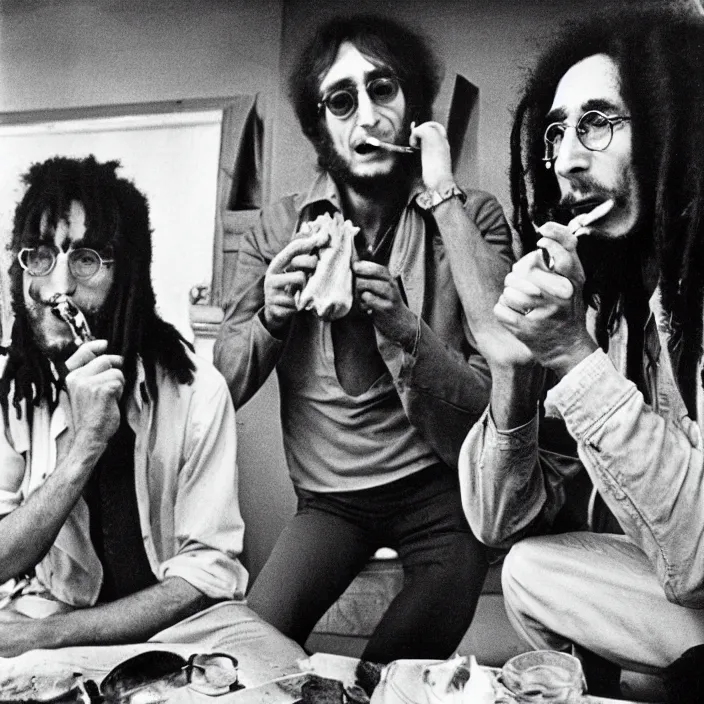 Image similar to john lennon smoking a joint with bob Marley, photograph by Willy Spiller, 1970s